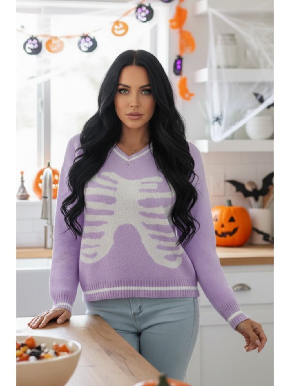 Skeleton Rib Cage V-Neck Top Long Sleeve Knit Pullover Sweater Halloween Grunge